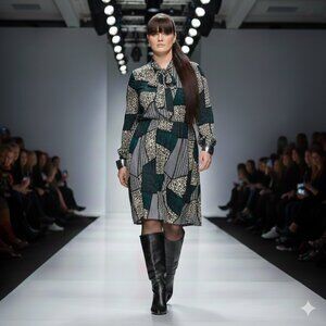 2XL Stylish Plus Size Women's Green, Black, White Patterned Dress